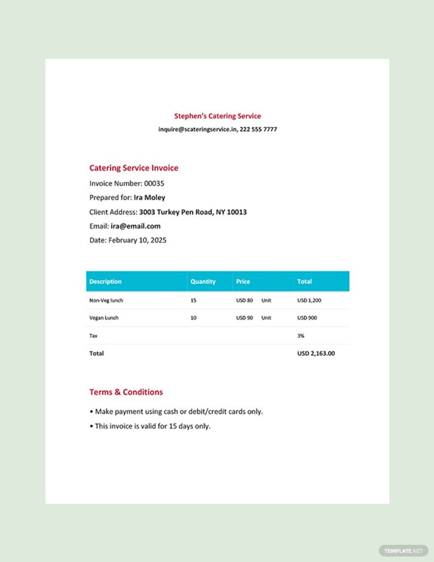 Editable Catering Service Invoice Template in Word, Google Docs, Google Sheets, Illustrator, PSD, Apple Pages