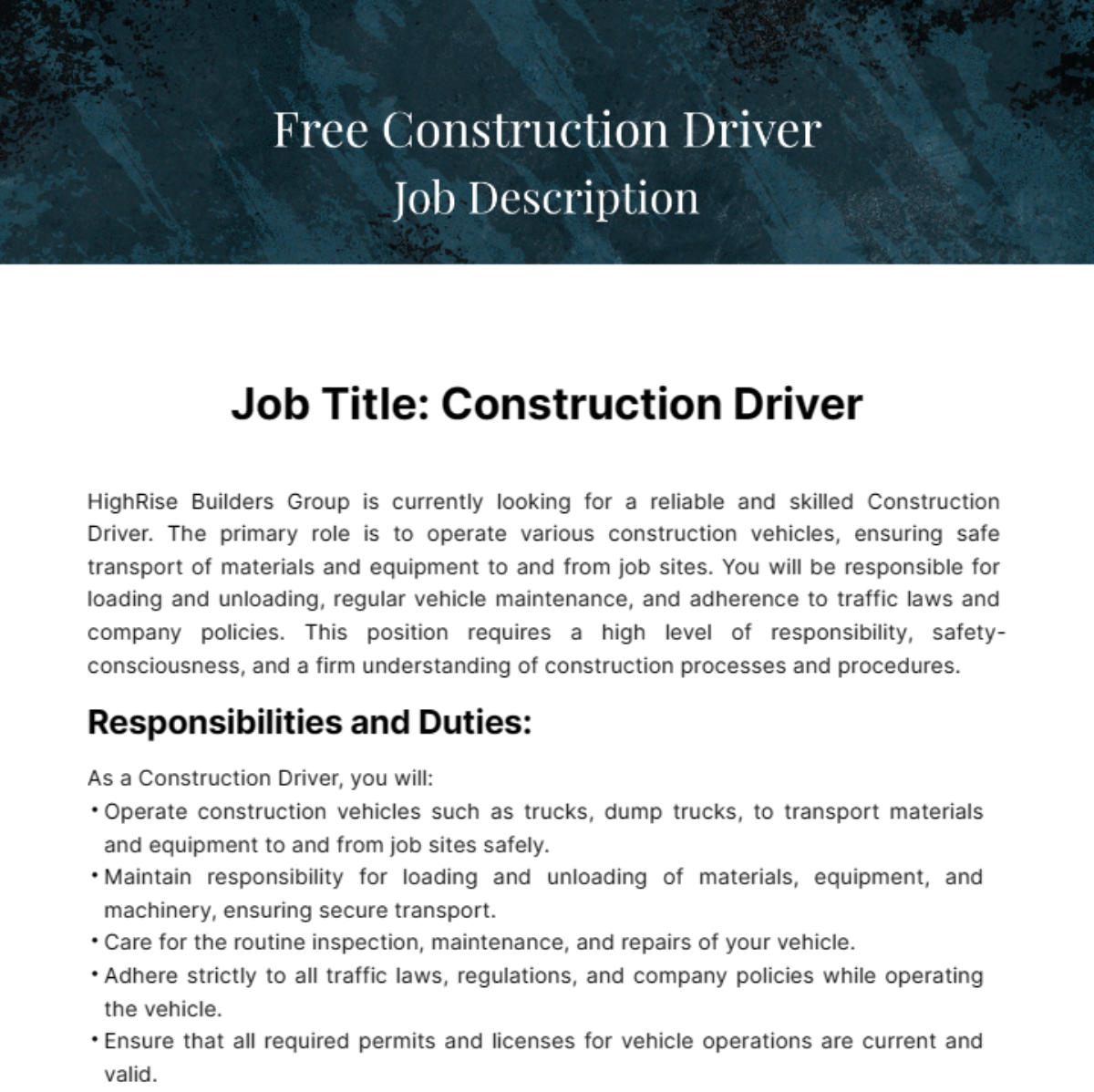 Free Construction Driver Job Description Template