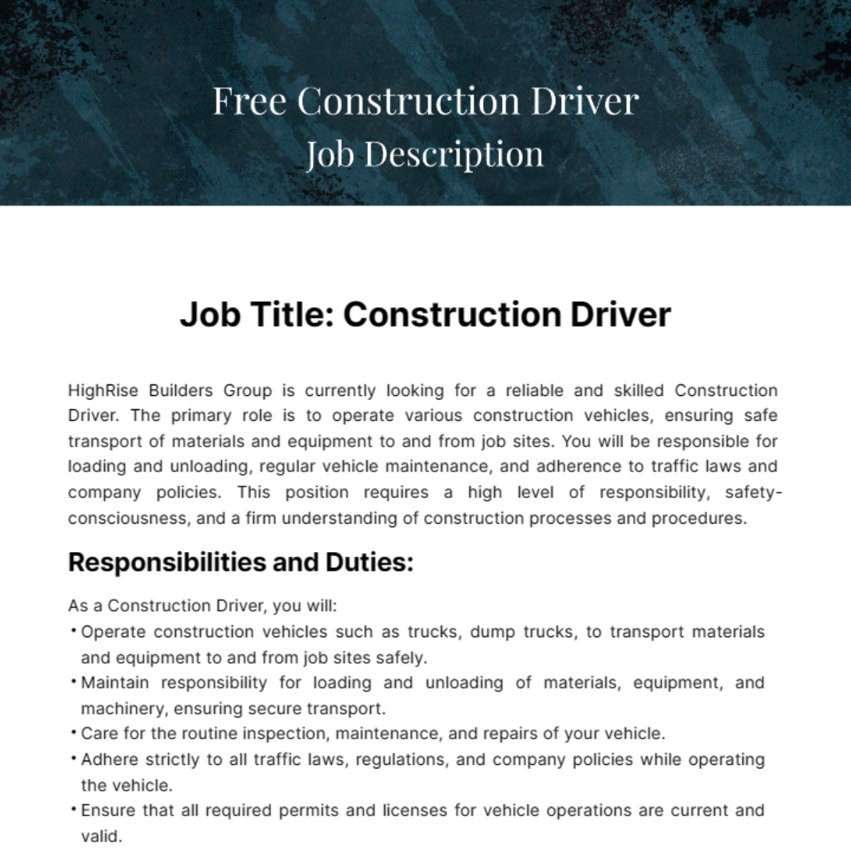 Construction Driver Job Description Template Edit Online Download 