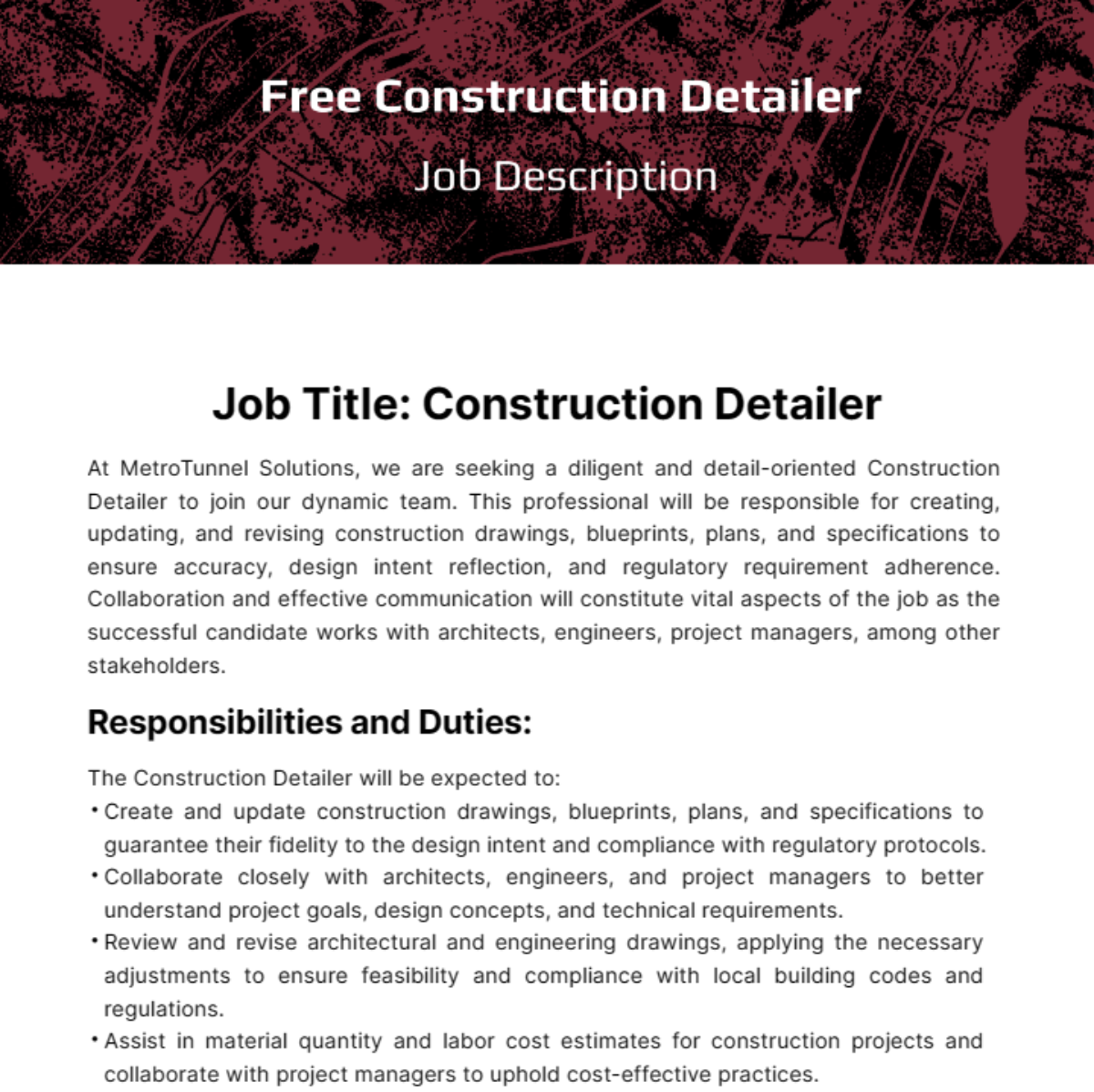 Free Construction Detailer Job Description Template