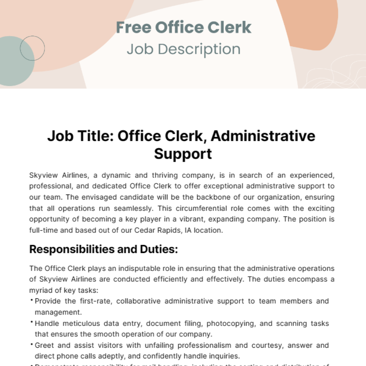 Office Clerk Job Description Template