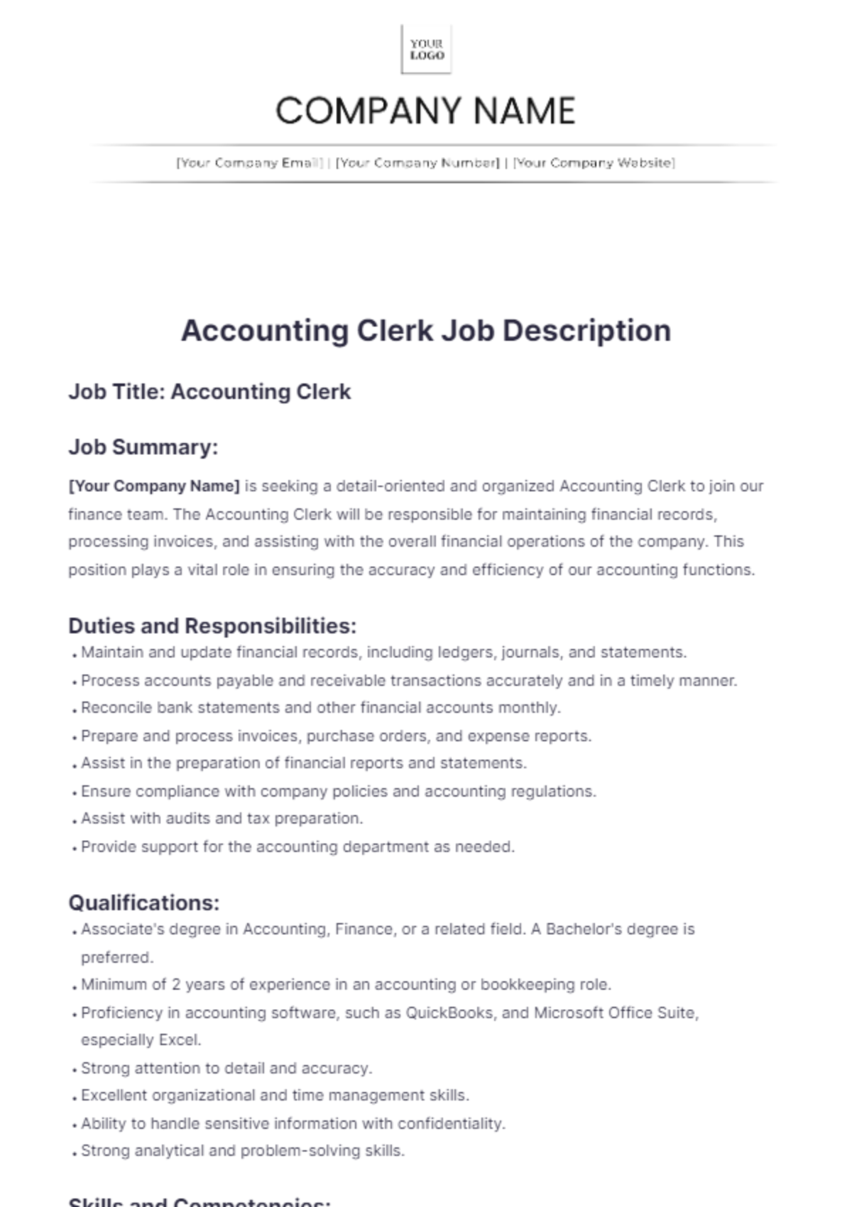 Accounting Clerk Job Description Template - Edit Online & Download