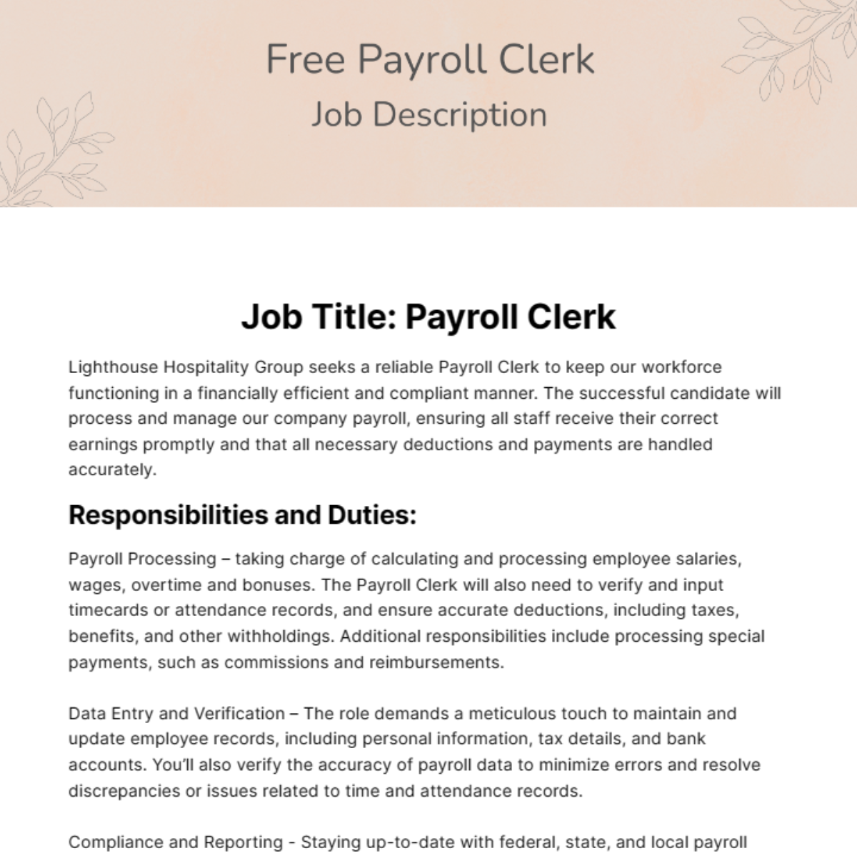 Payroll Clerk Job Description Template