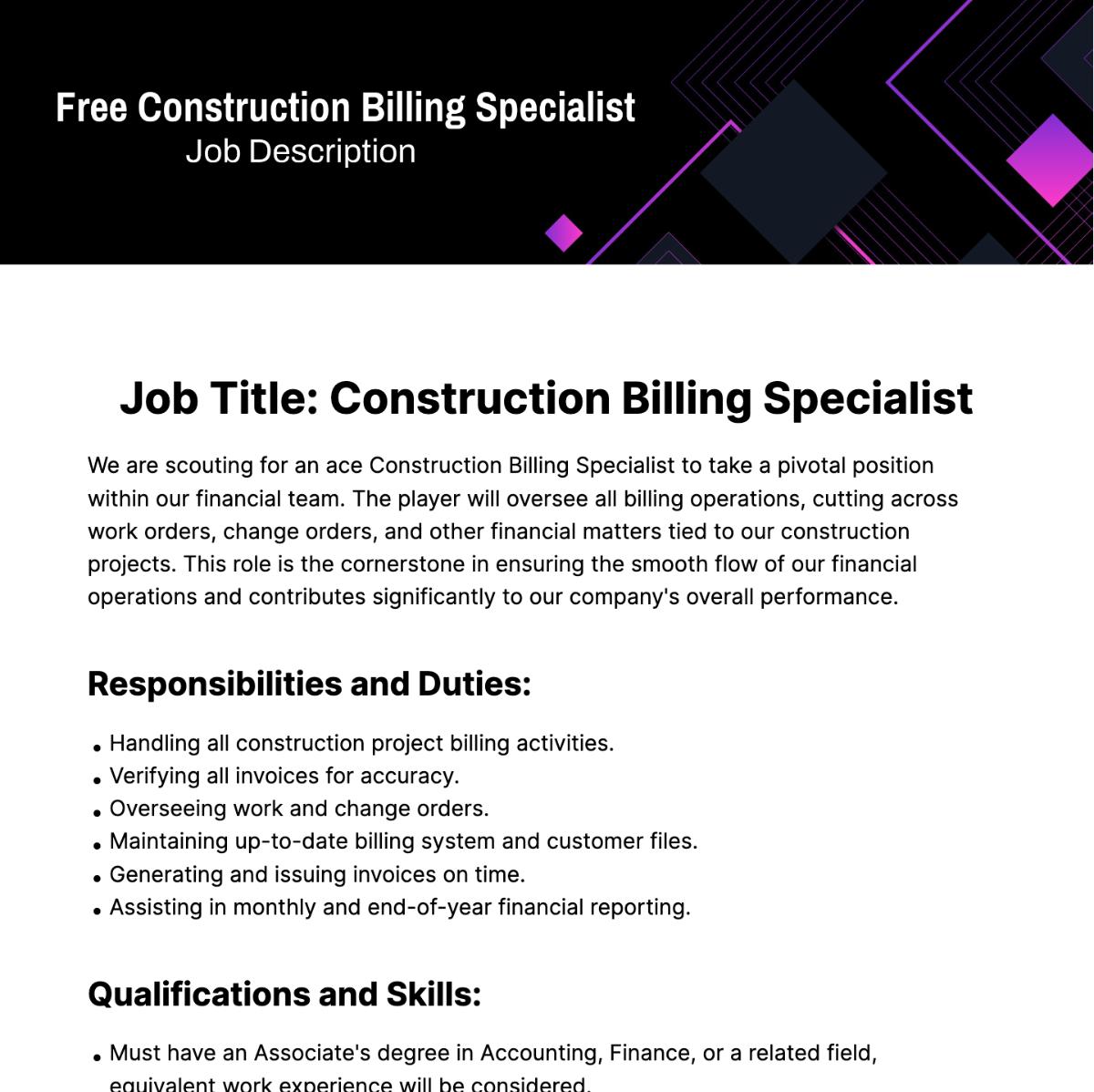 Free Construction Billing Specialist Job Description Template