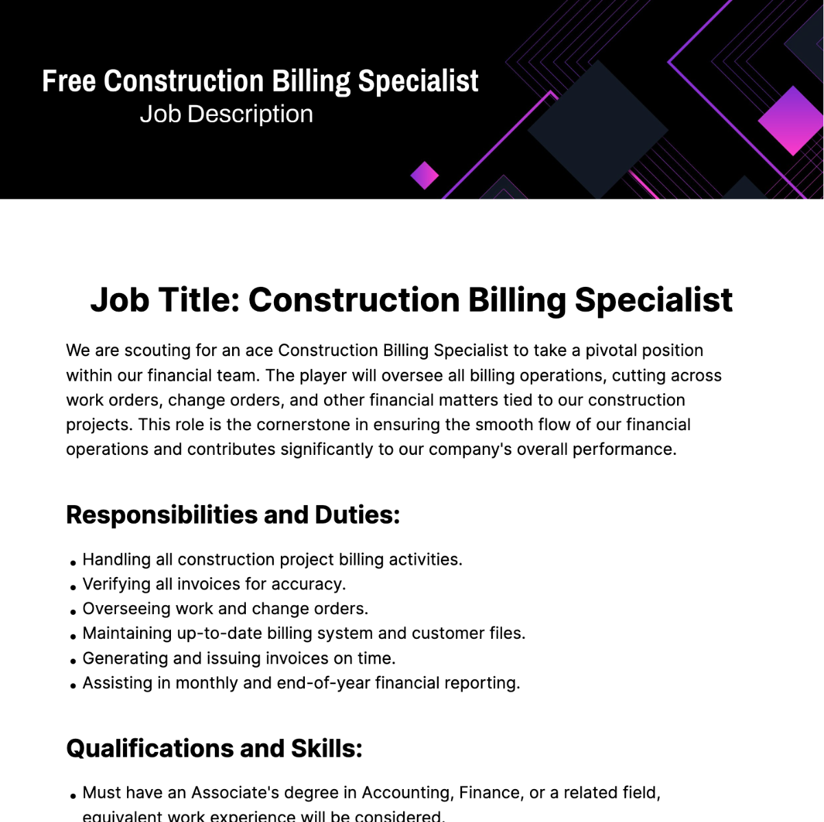 Construction Billing Specialist Job Description Template - Edit Online & Download