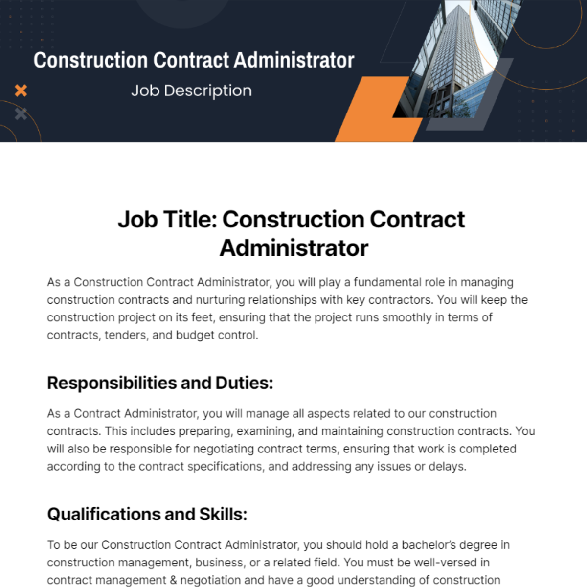 Free Construction Contract Administrator Job Description Template