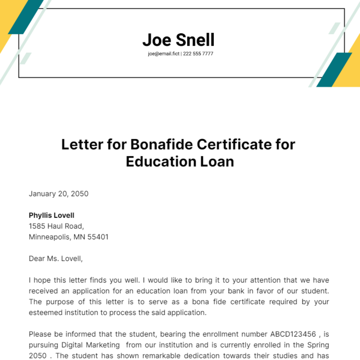 Letter for Bonafide Certificate for Education Loan Template