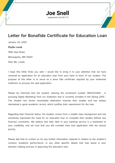 Free Letter for Bonafide Certificate for Education Loan Template to Edit Online