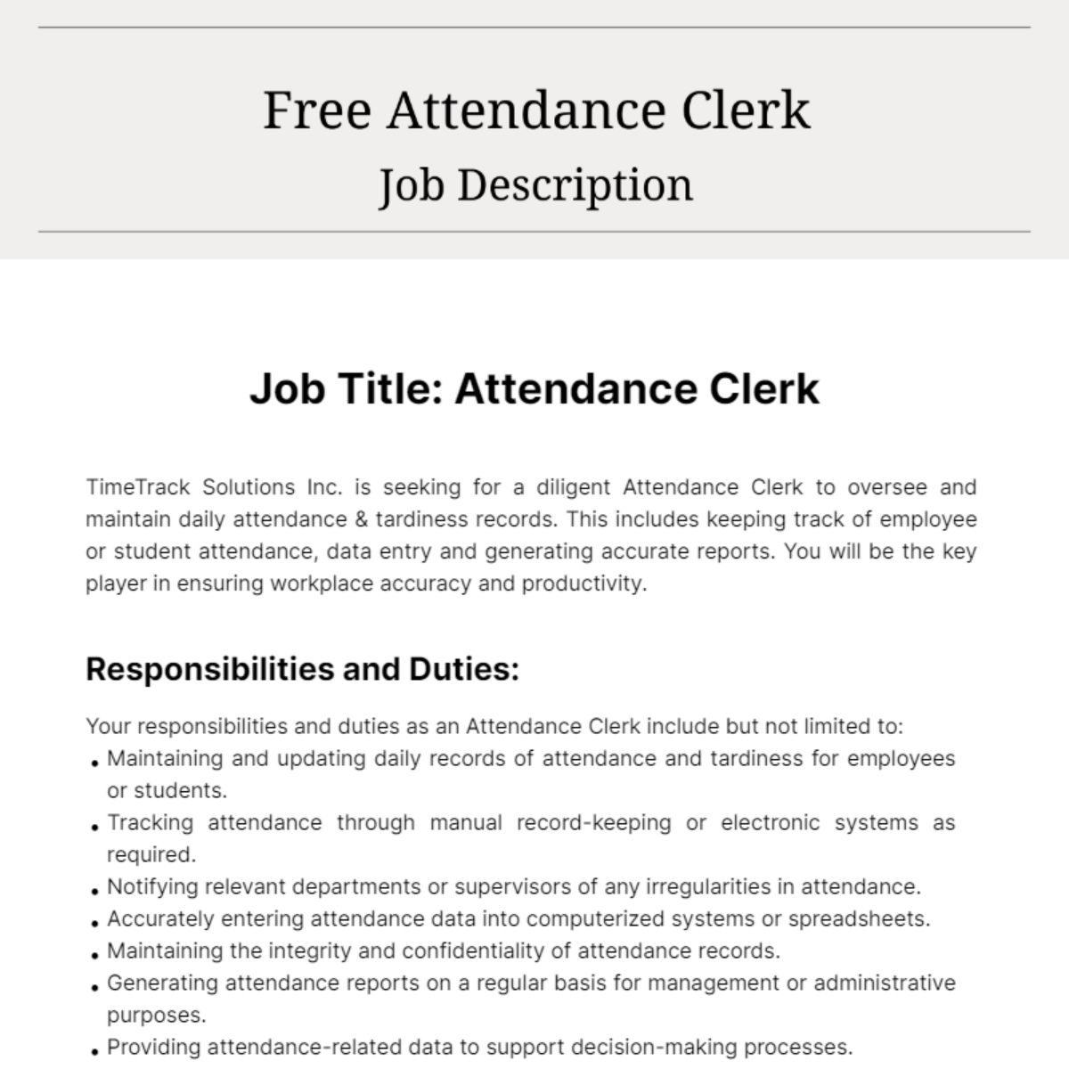 Free Attendance Clerk Job Description Template