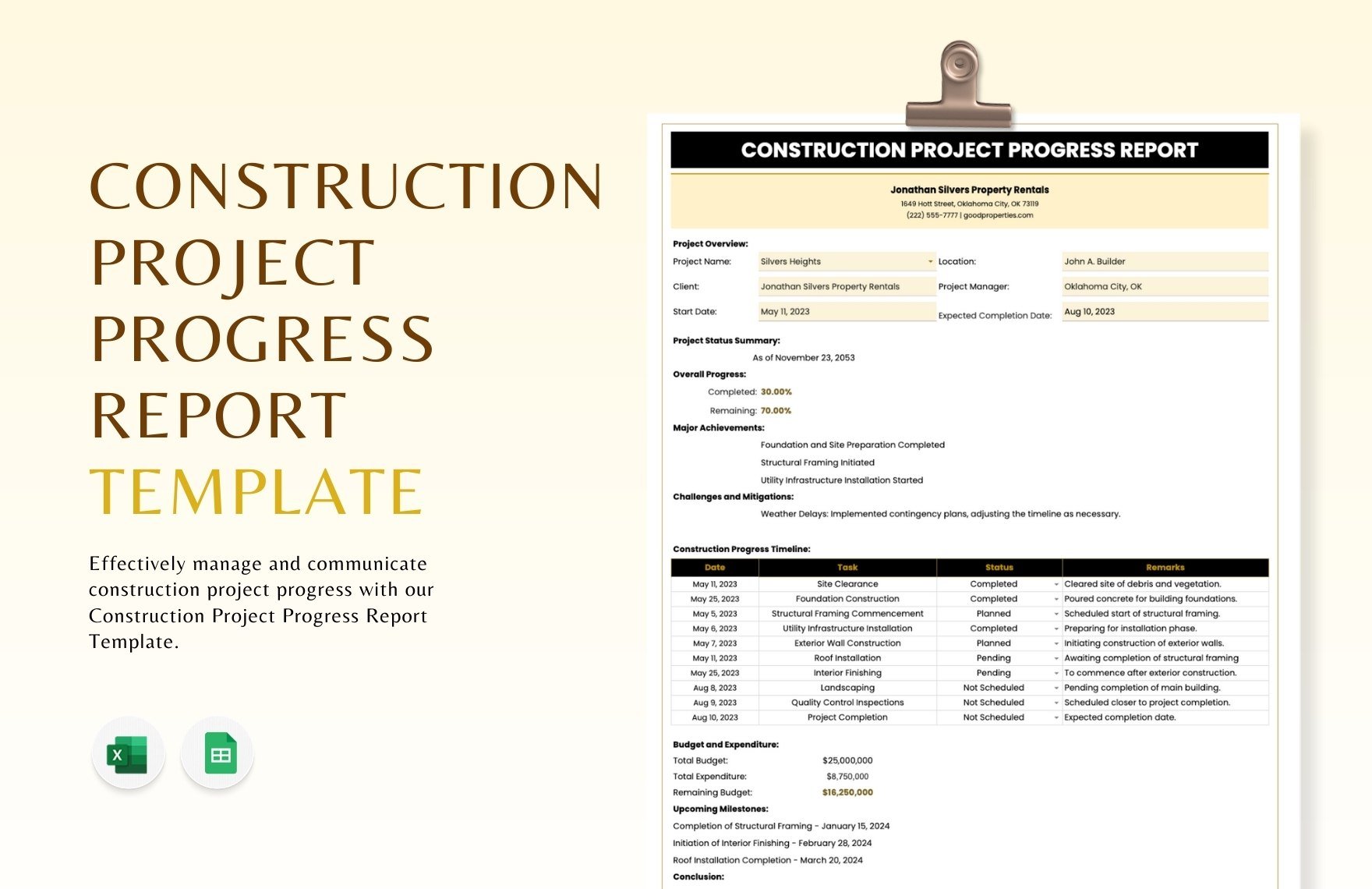 Construction Project Progress Report Template