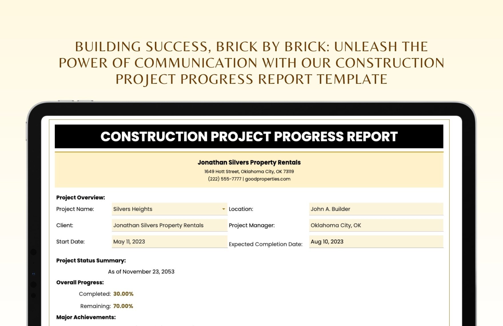 Construction Project Progress Report Template