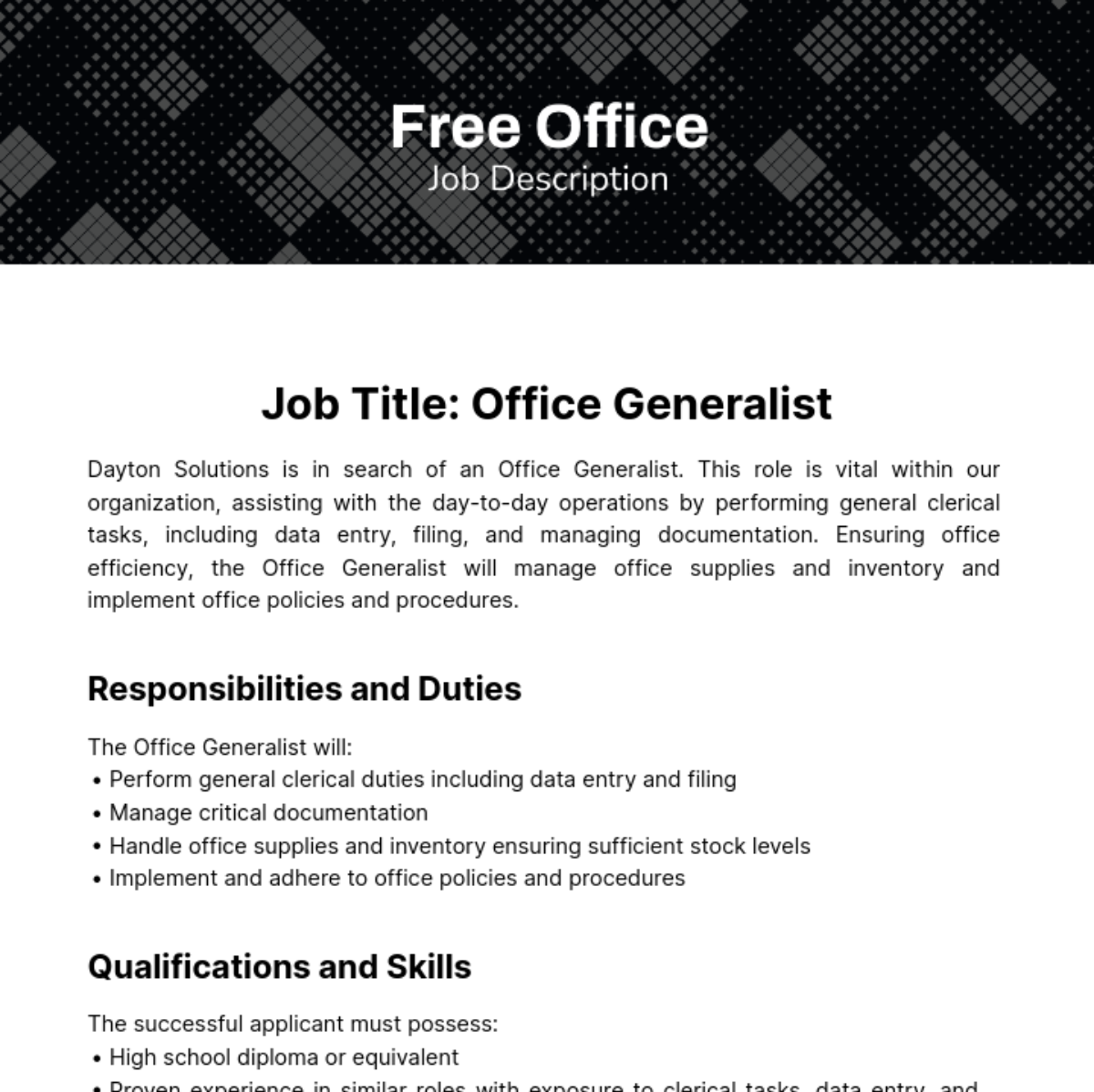 Free Office Job Description Template