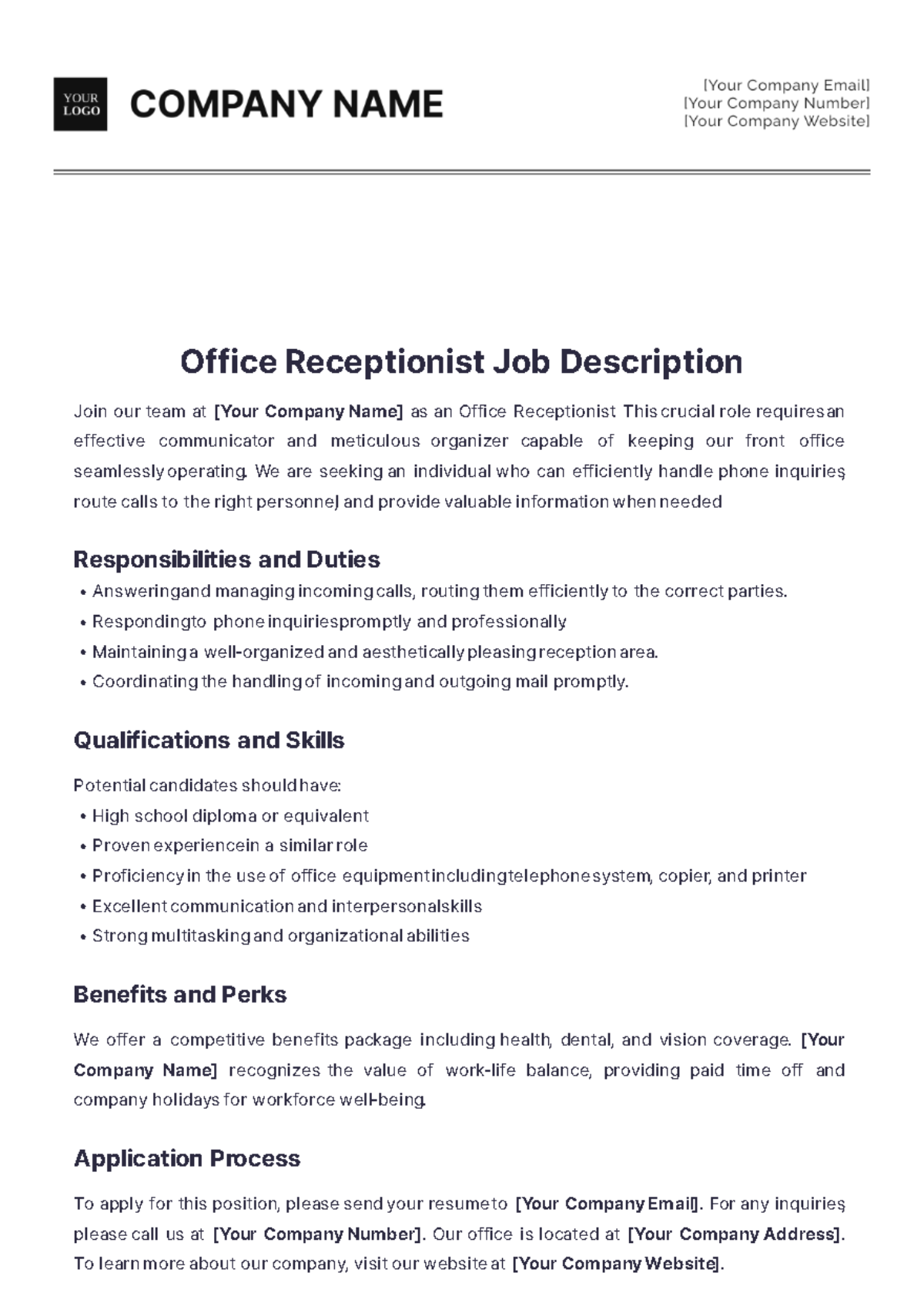 Office Receptionist Job Description Template - Edit Online & Download