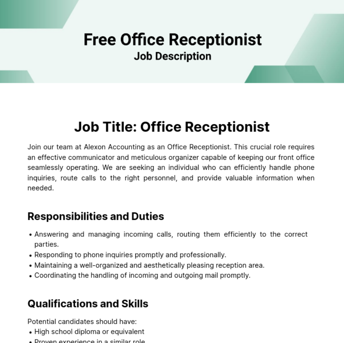 Free Office Receptionist Job Description Template