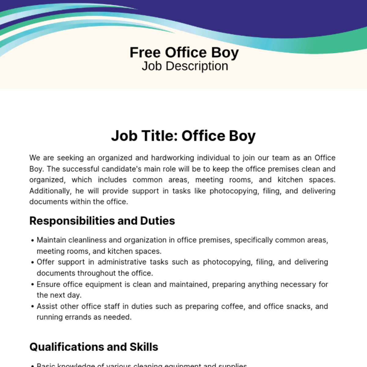 Free Office Boy Job Description Template