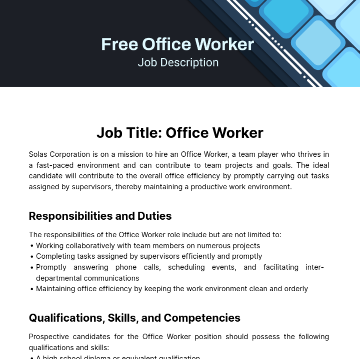 Free  Office Worker Job Description Template