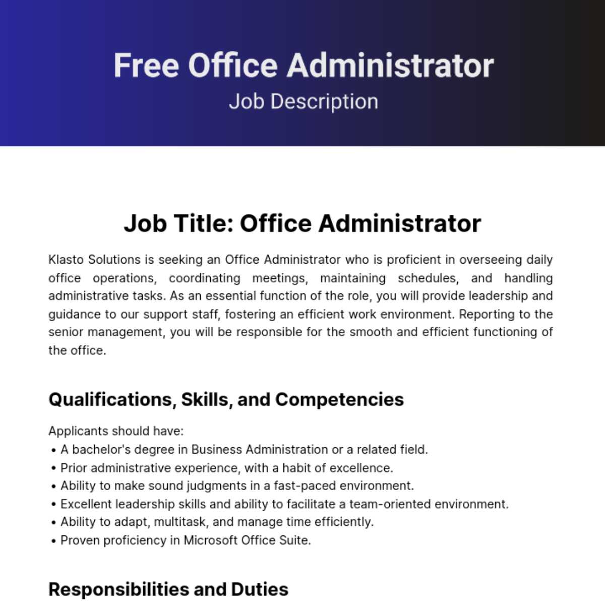 Free Office Administrator Job Description Template