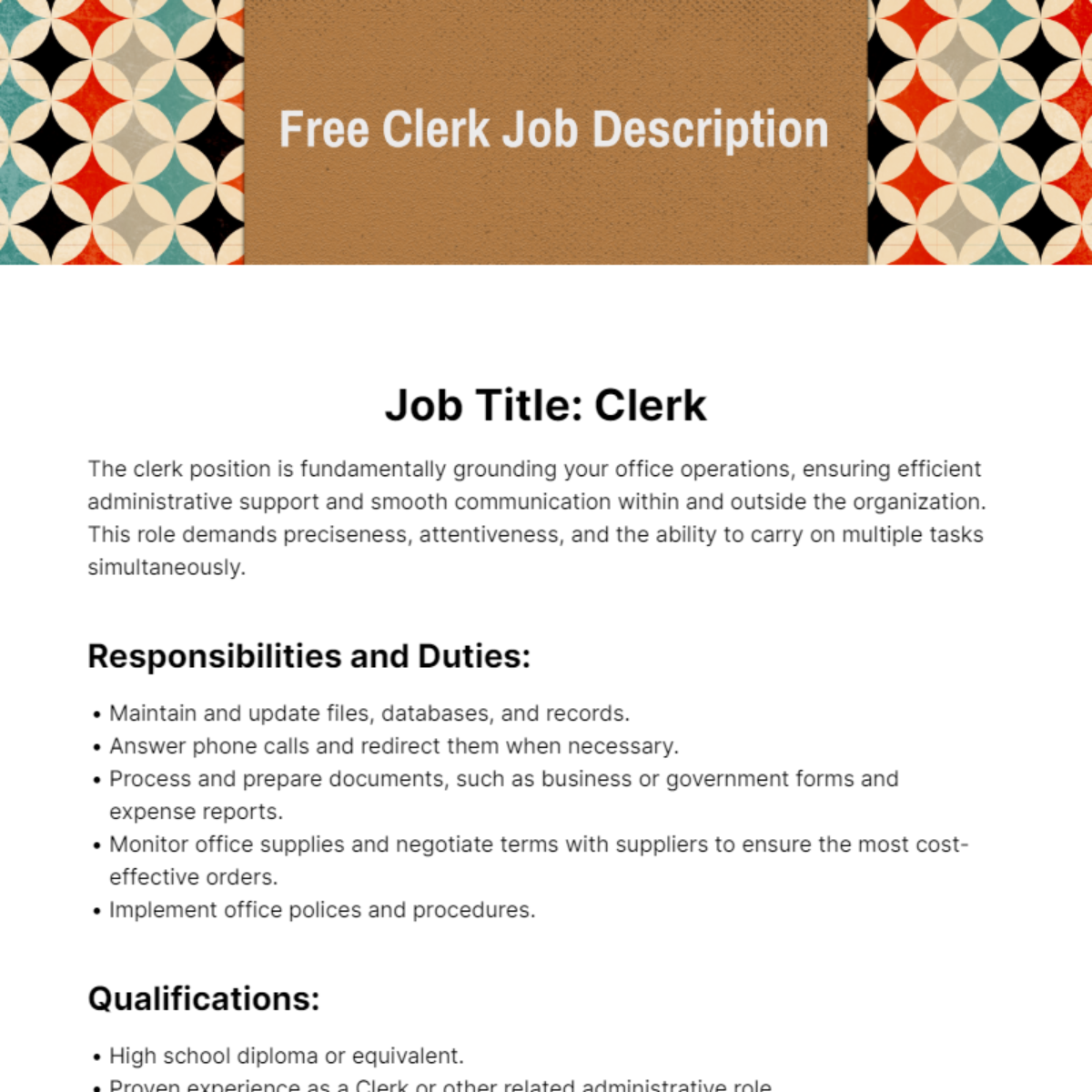 Free Clerk Job Description Template