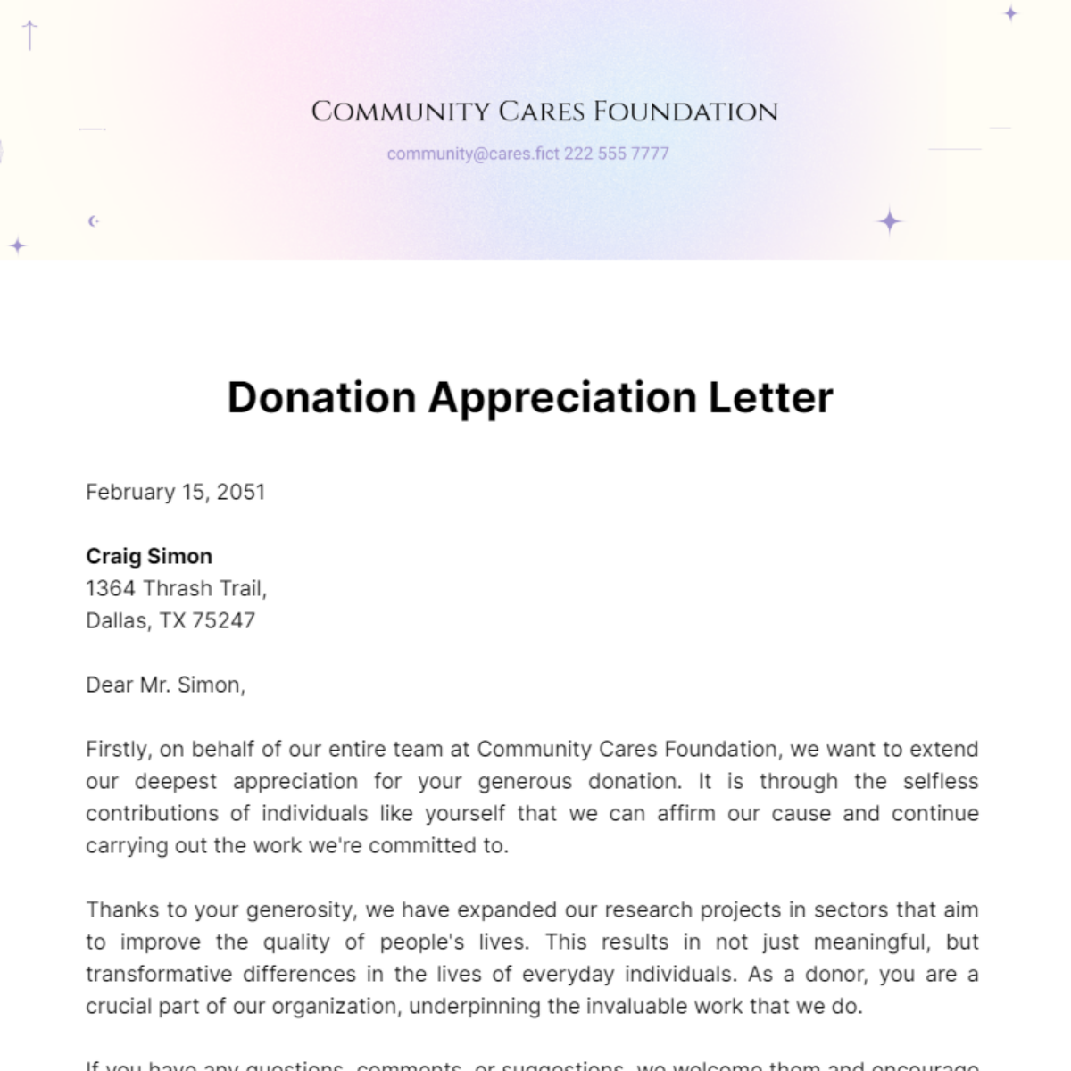Free Donation Appreciation Letter Template