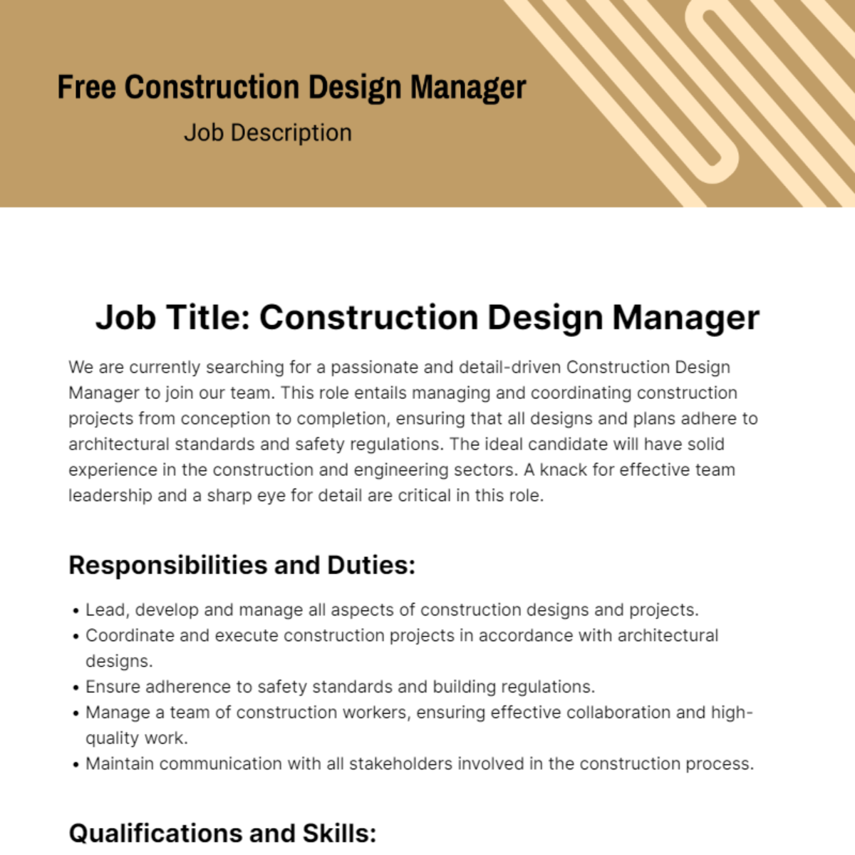 Free Construction Design Manager Job Description Template