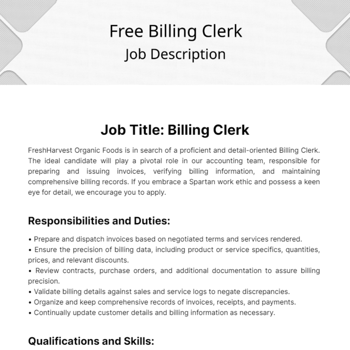 Free Billing Clerk Job Description Template