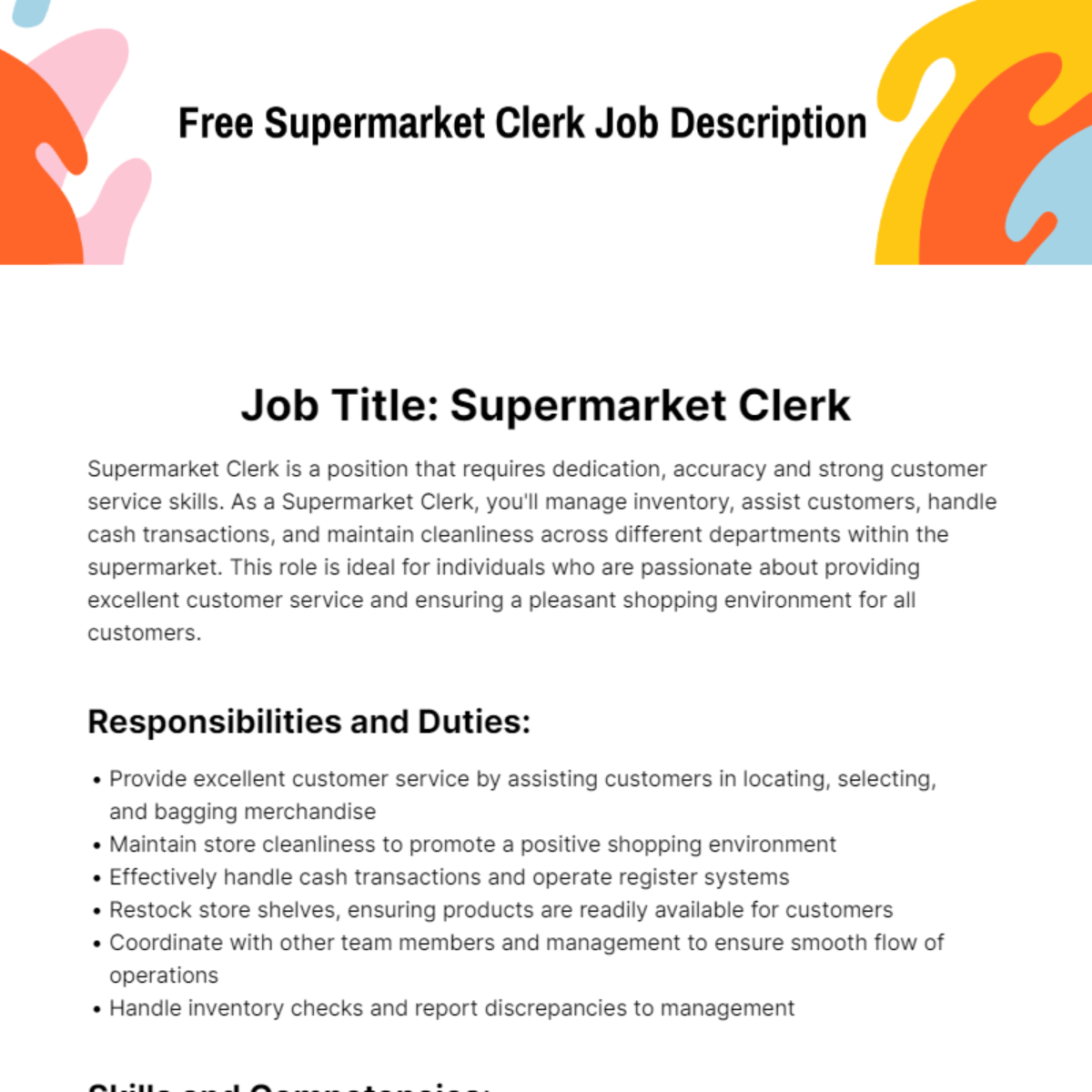 Supermarket Clerk Job Description Template