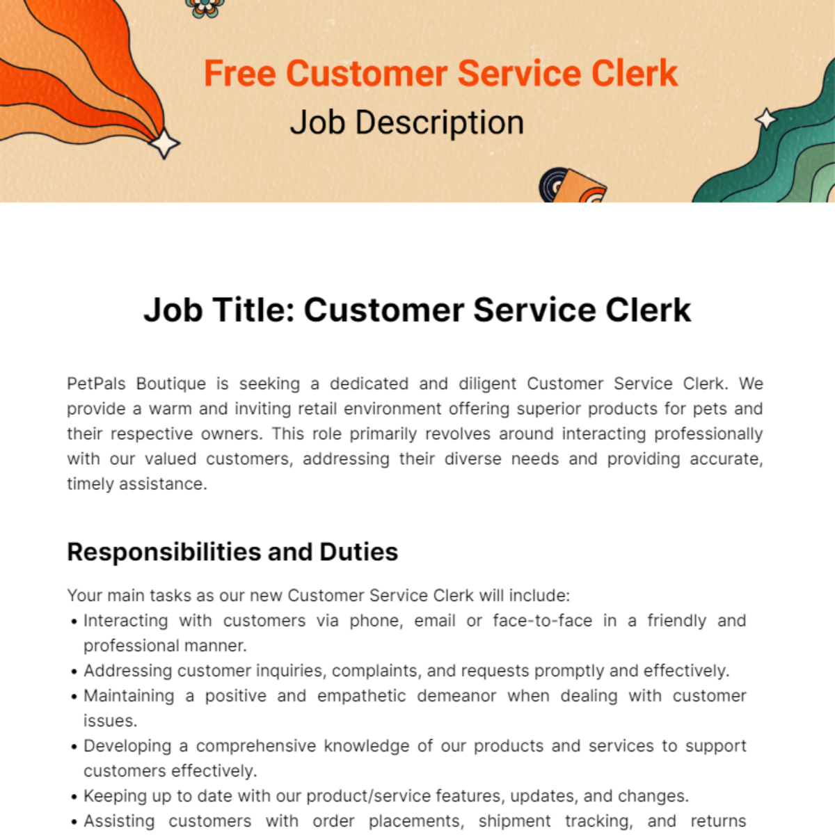 Free Customer Service Clerk Job Description Template