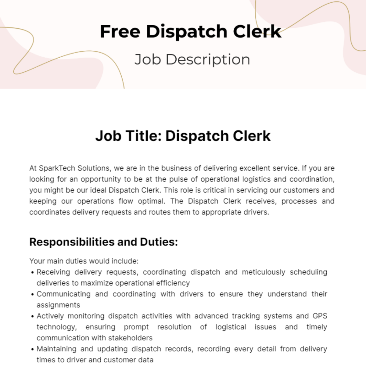 Dispatch Clerk Job DescriptionDispatch Clerk Job Description Template