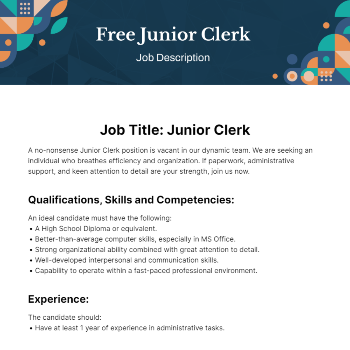Junior Clerk Job Description Template