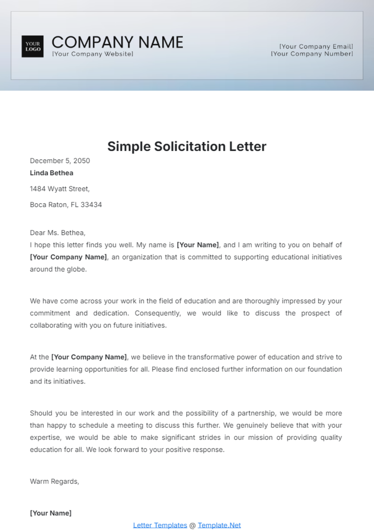 Free Simple Solicitation Letter Template to Edit Online