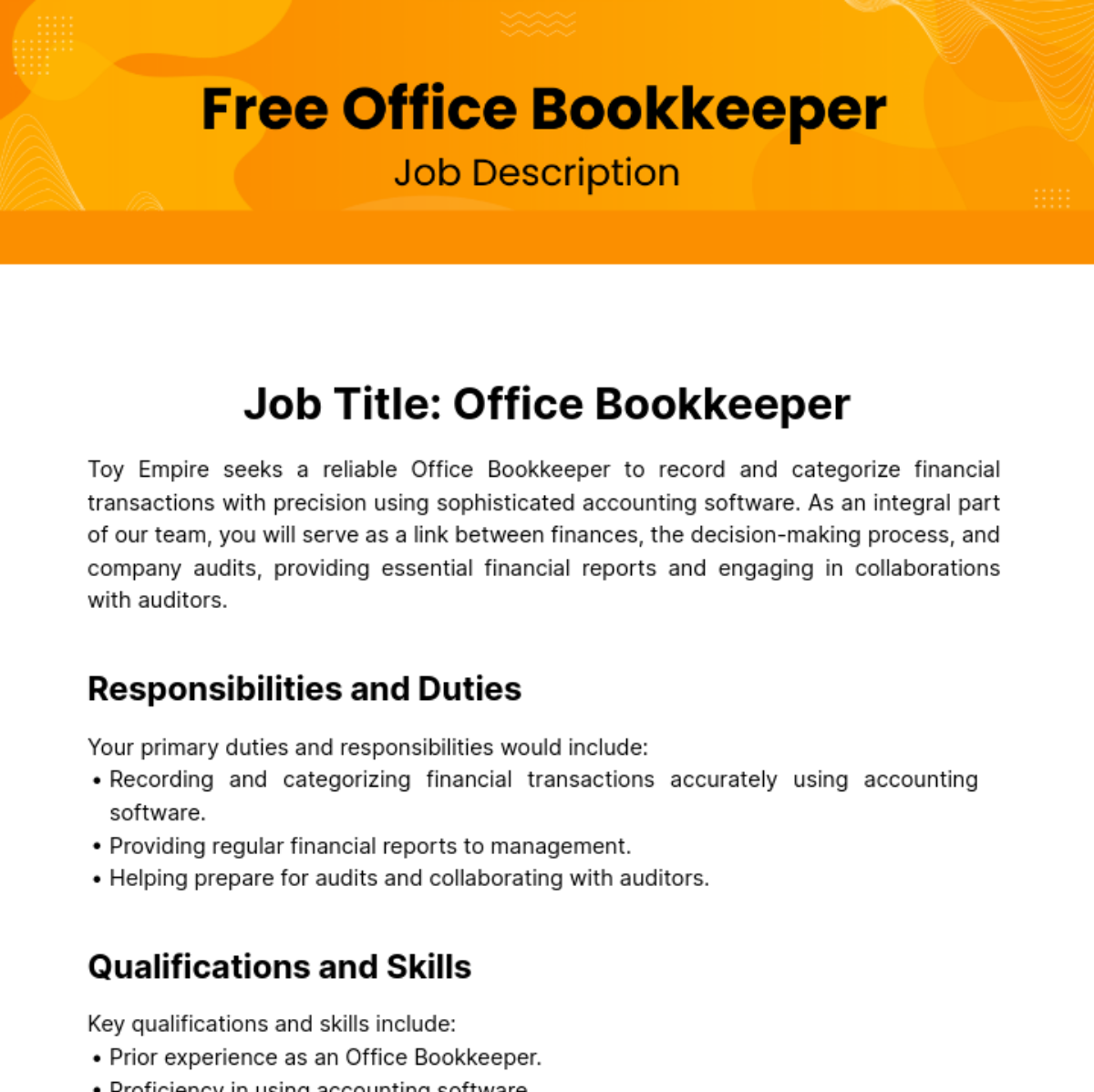 Free Office Bookkeeper Job Description Template