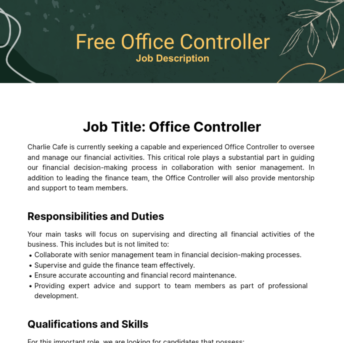 Free Office Controller Job Description Template