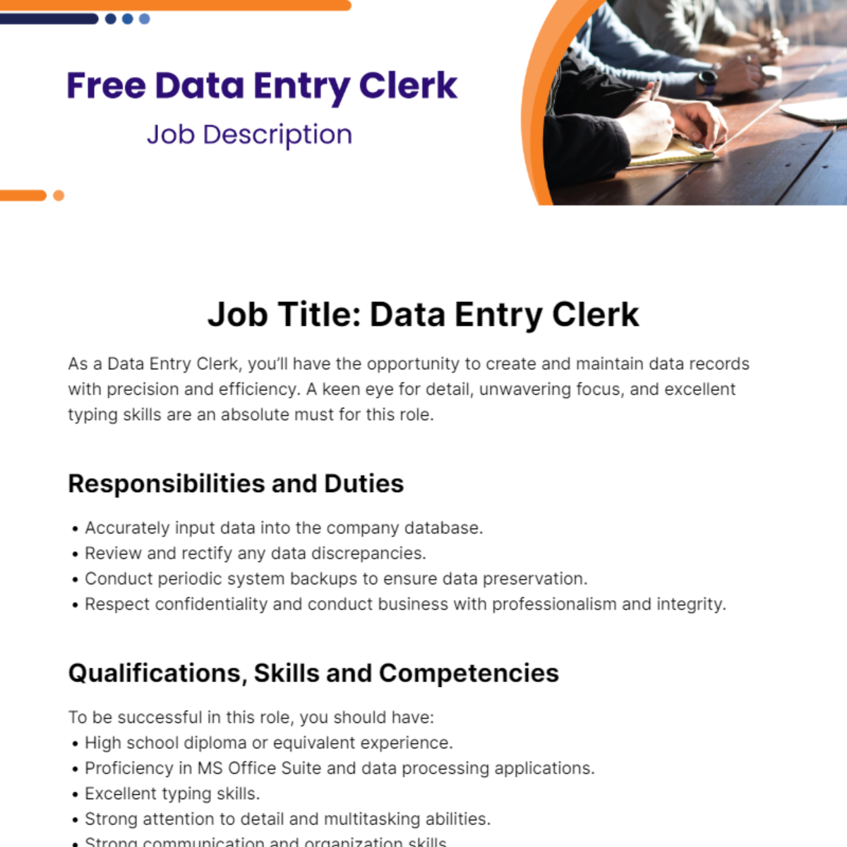 Free Data Entry Clerk Job Description Template