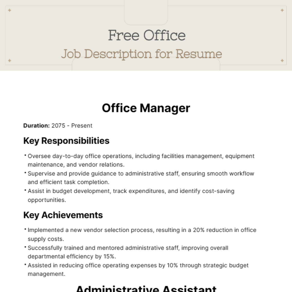 Free Office Job Description For Resume Template