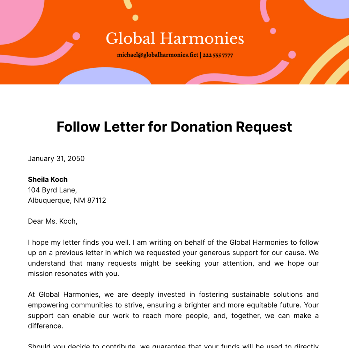 Free Follow Up Letter for Donation Request Template