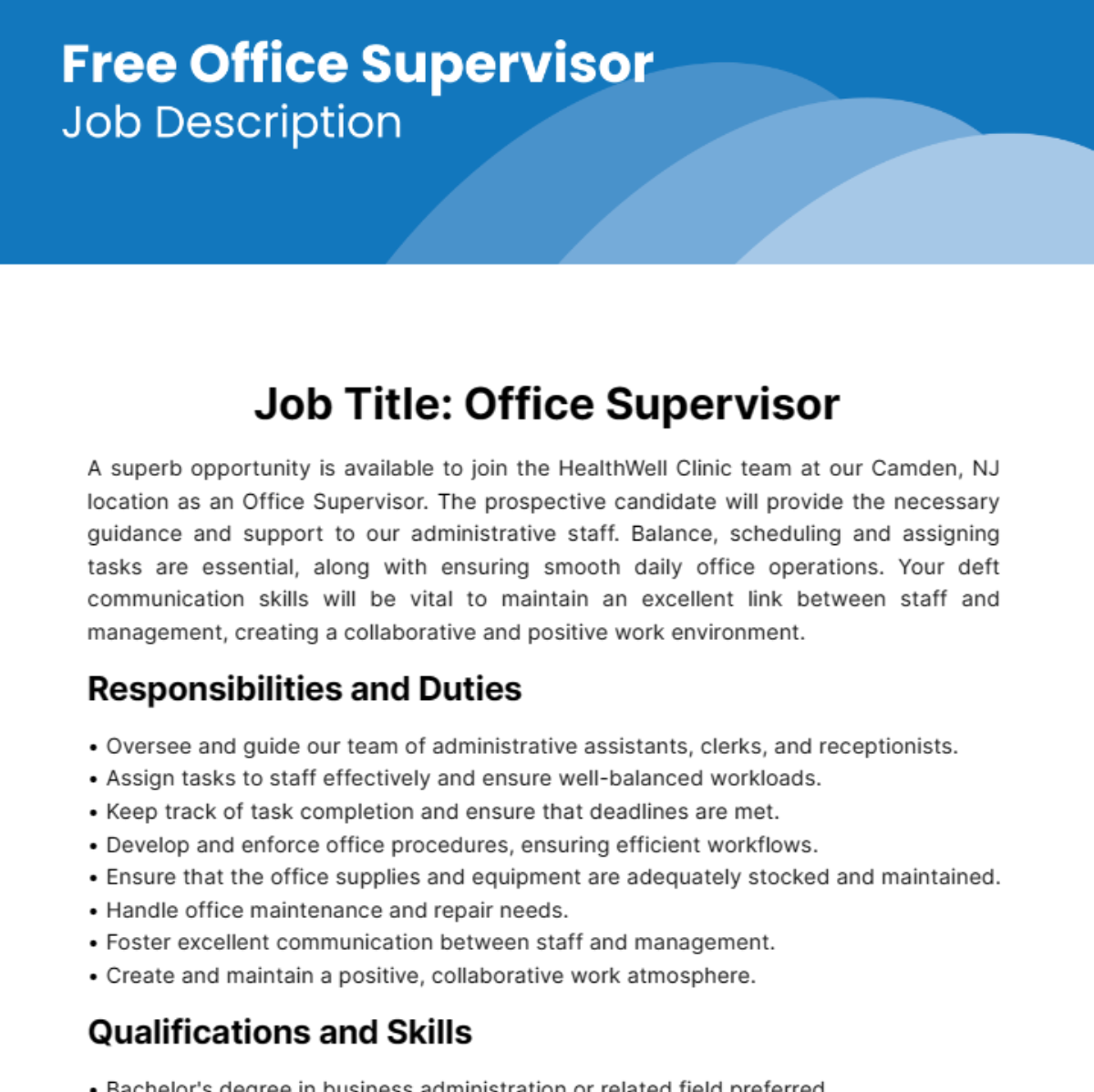 Free Office Supervisor Job Description Template