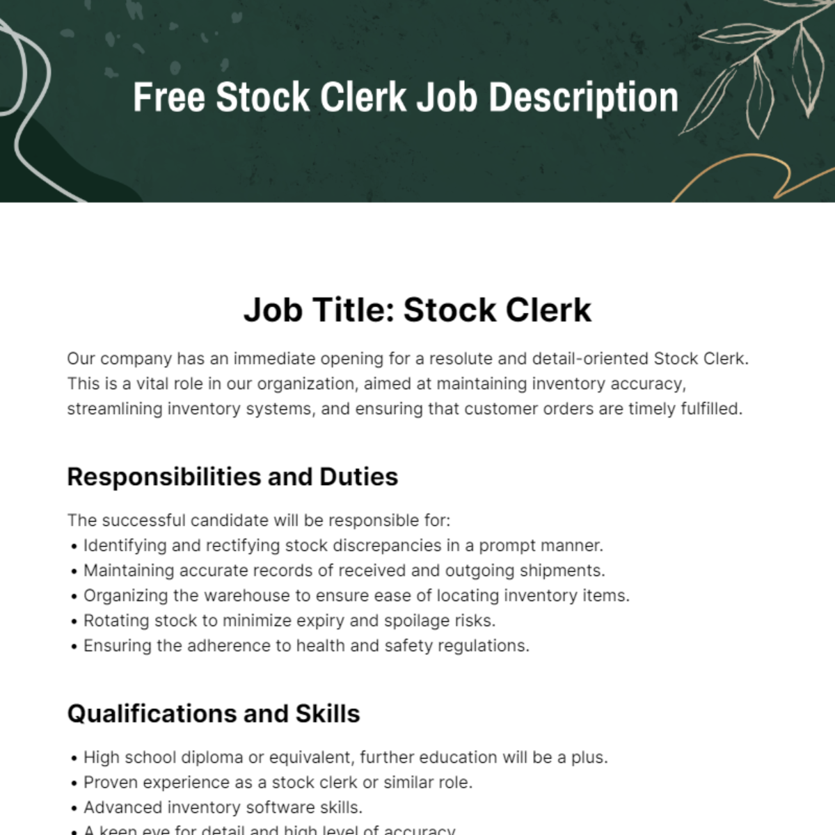 Free Stock Clerk Job Description Template