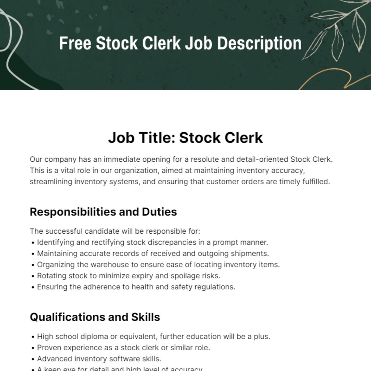 Free Stock Clerk Job Description Edit Online Download Template