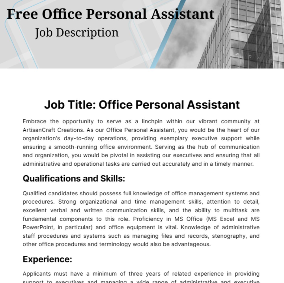 Office Personal Assistant Job Description Template