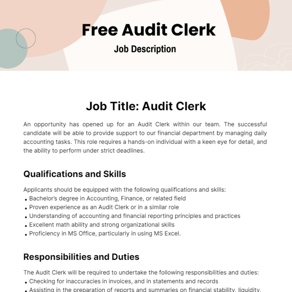 Free Audit Clerk Job Description Template