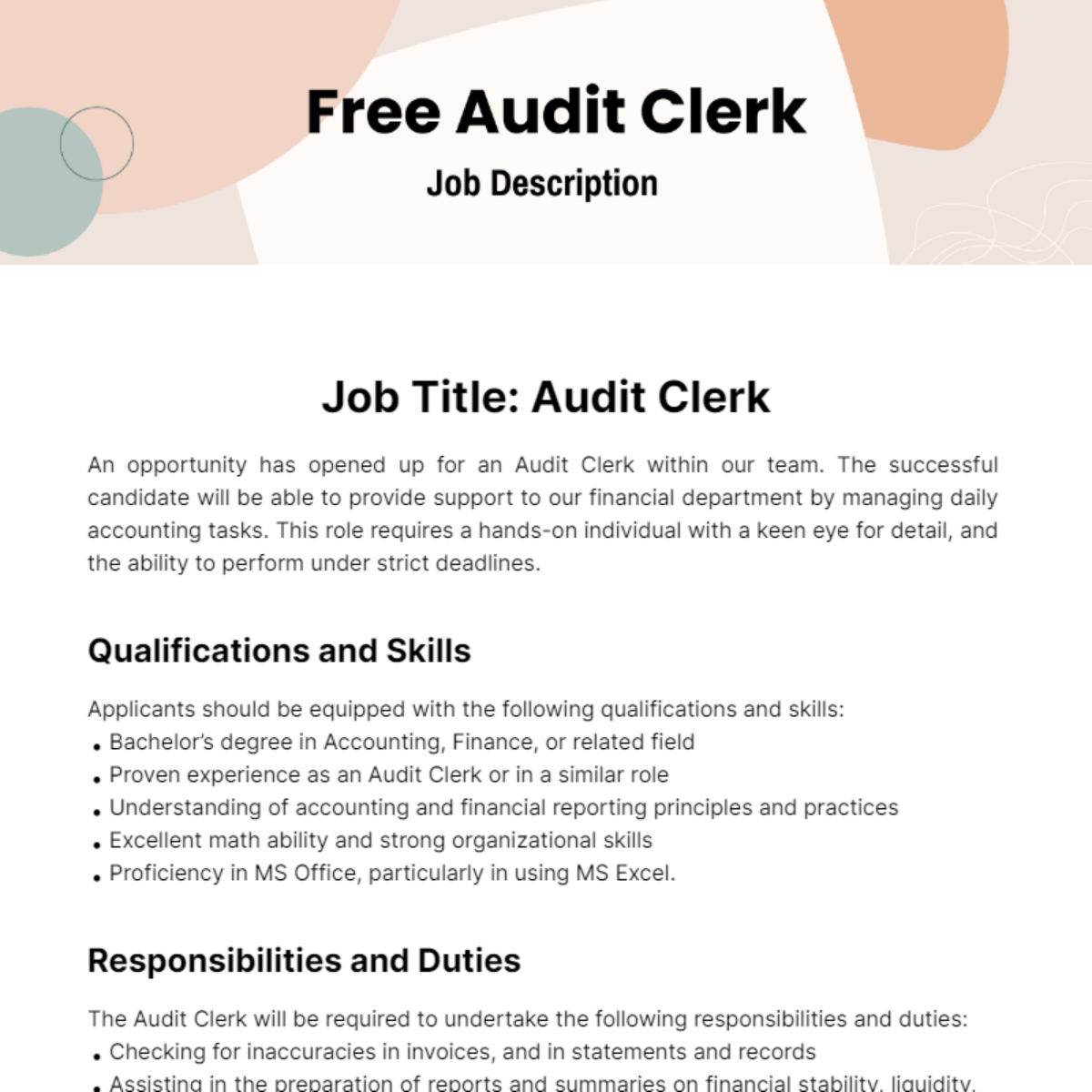 Audit Clerk Job Description Template Edit Online Download Example 