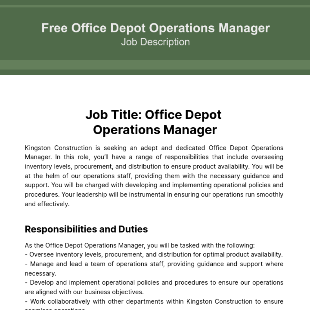 Free Office Depot Operations Manager Job Description Template