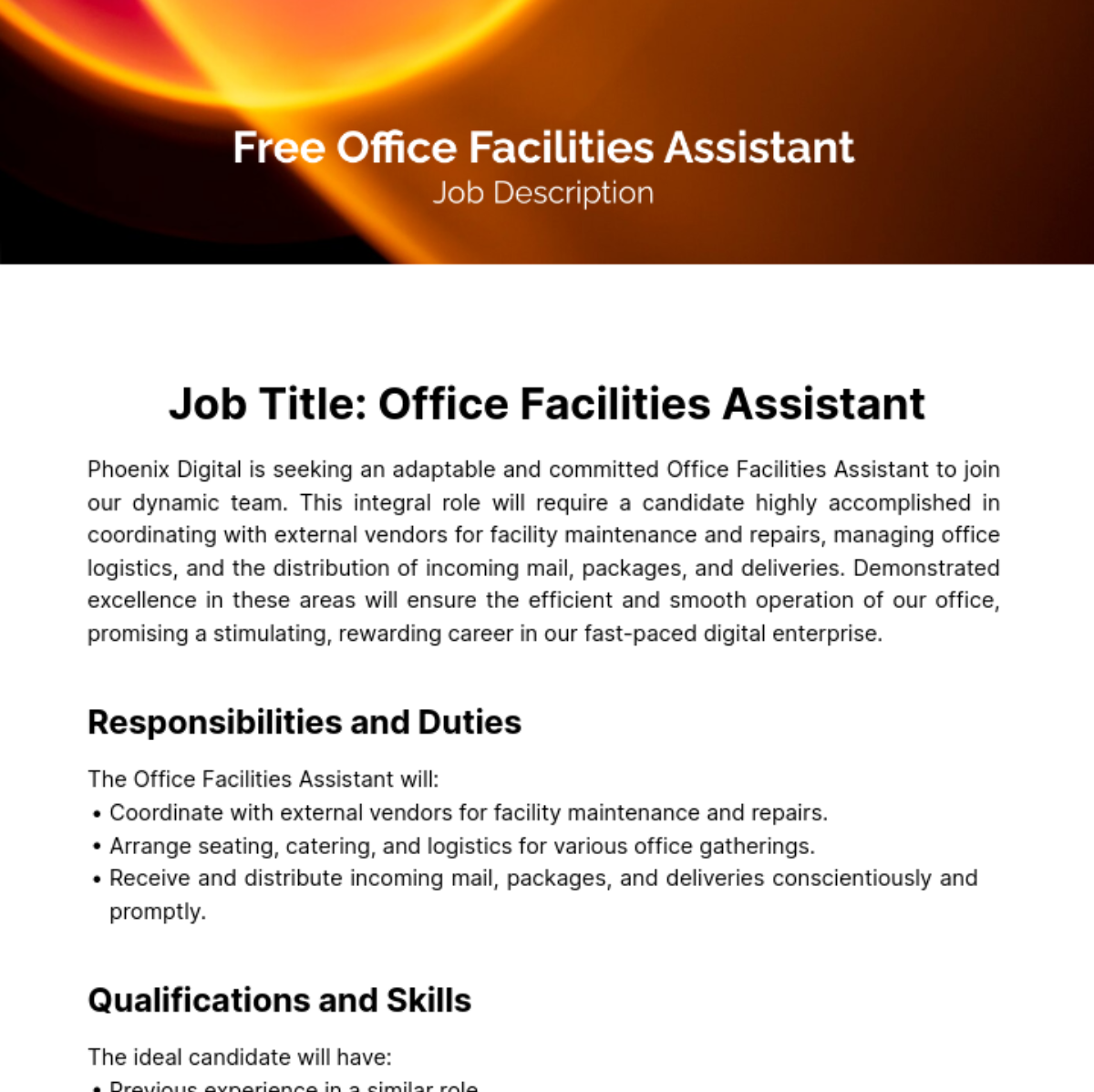 Free Office Facilities Assistant Job Description Template