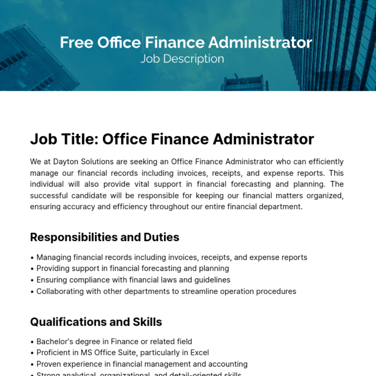 Office Finance Administrator Job Description Template