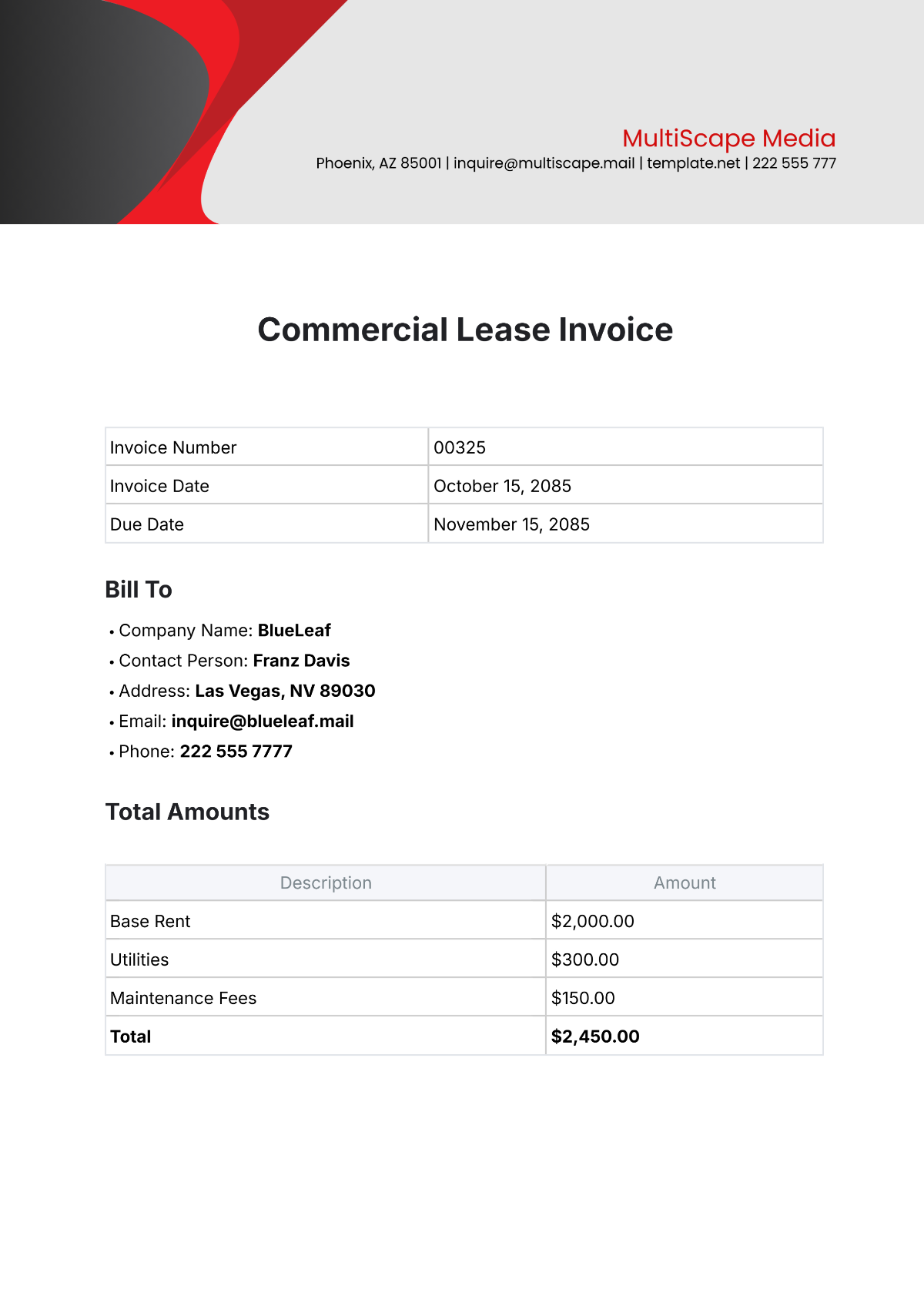 Commercial Lease Invoice Template - Edit Online & Download