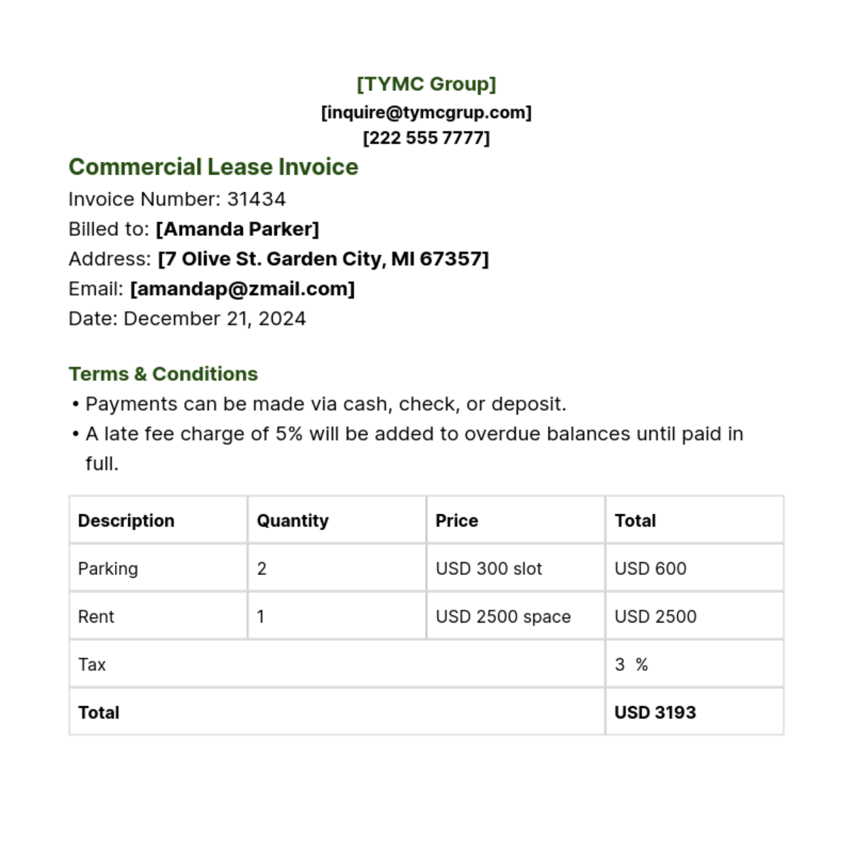 Editable Commercial Lease Invoice Template