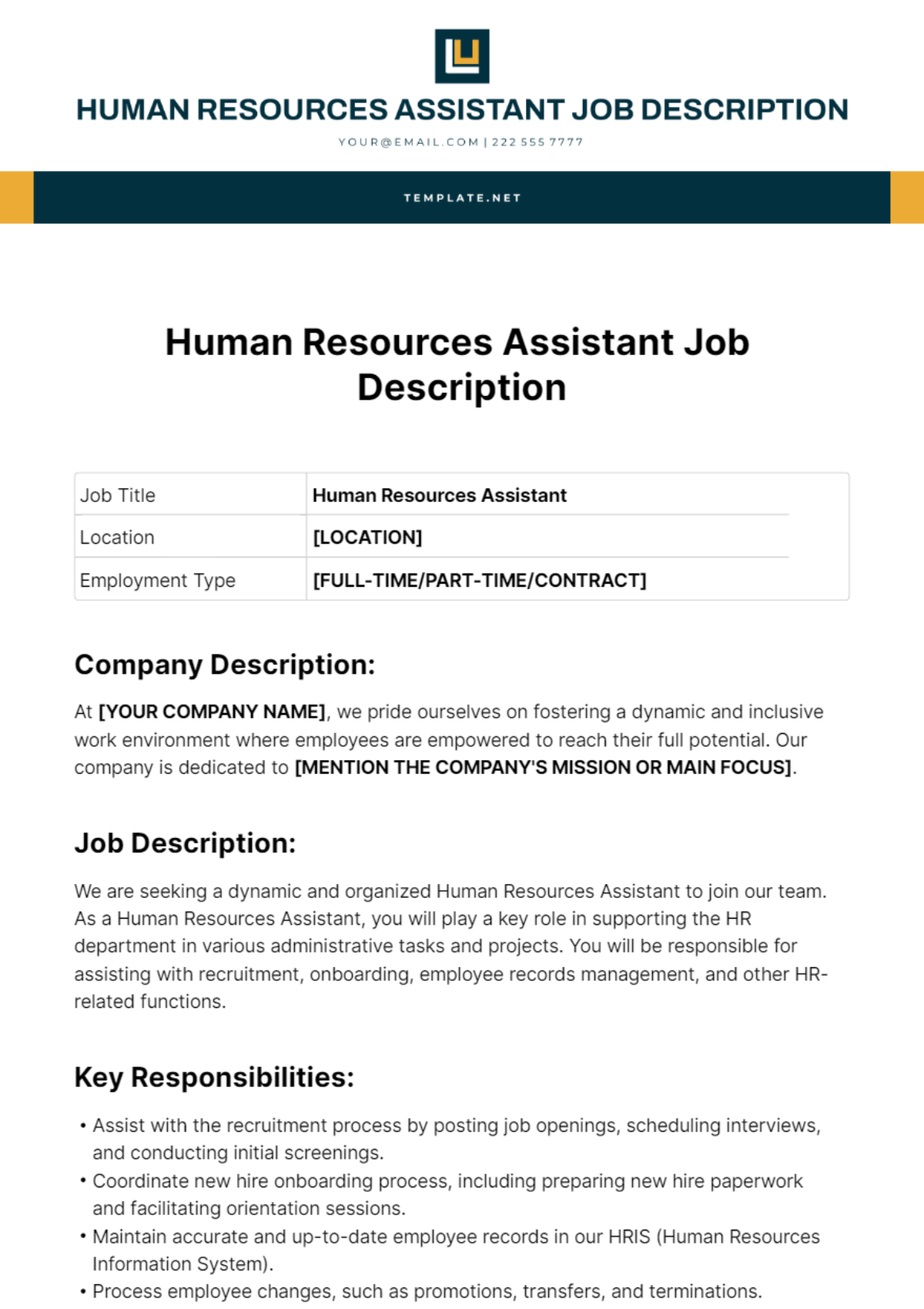 Free Human Resources Assistant Job Description Template