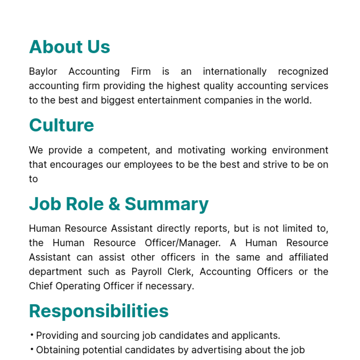 Human Resources Assistant Job Description Template