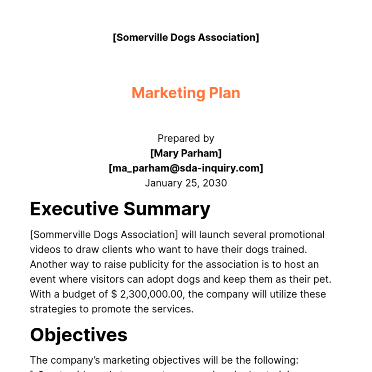 Dog Training Marketing Plan Template