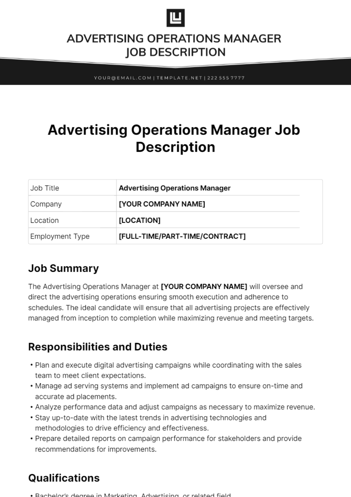 Free Advertising Operations Manager Job Description Template